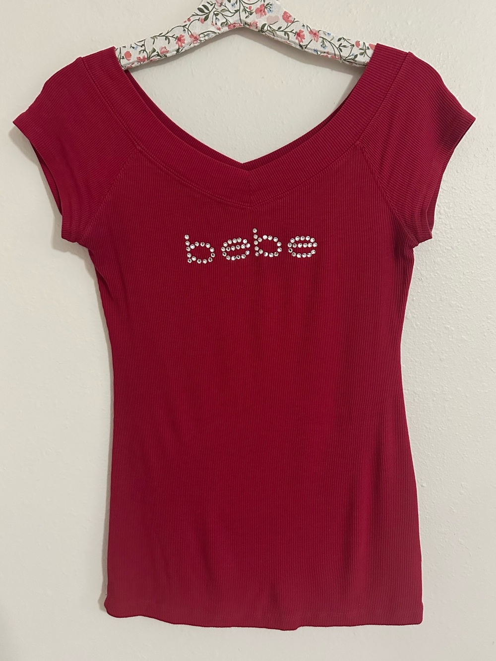 Y2K bebe Red Burgundy Ribbed Rhinestone Logo Fitted Top Tee